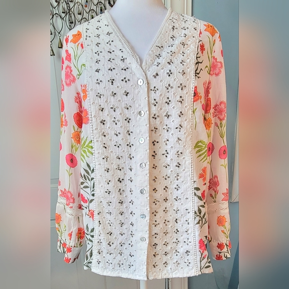 Soft Surroundings Sequined Embroidered Button-Down Blouse Womens SP White Floral
